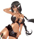  arm_behind_head armpits azur_lane bangs bare_shoulders belt black_hair black_shorts blush bracelet braid breasts brown_eyes cleavage commentary_request crop_top cross-laced_top dark_skin dutch_angle feathers hair_between_eyes hair_feathers hair_ornament hand_on_hip highres jewelry large_breasts long_hair looking_at_viewer low_braid native_american navel necklace short_shorts shorts solo south_dakota_(azur_lane) zubi_(skylinezb) 