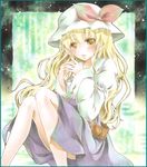  belt blonde_hair blouse blush colored_pencil_(medium) hat hat_ribbon interlocked_fingers juliet_sleeves light_particles long_hair long_sleeves looking_at_viewer marker_(medium) parted_lips potto puffy_sleeves reclining ribbon ripples skirt solo touhou traditional_media two-tone_background watatsuki_no_toyohime watercolor_(medium) yellow_eyes 