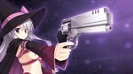  1girl ayachi_nene breasts cape female game_cg gun hat highres kobuichi large_breasts long_hair looking_away muririn navel purple_eyes sanoba_witch serious simple_background solo standing trigger weapon white_hair witch_hat 