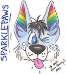  black_hair blue_eyes blue_fur canine dog fur hair husky male mammal one_eye_closed portrait rainbow rainbow_ears solo sparklepaws thatlldosammy tongue traditional_media_(artwork) wink 