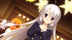  1girl antenna_hair ayachi_nene balloon blush breasts game_cg halloween hands_on_breasts highres kobuichi long_hair looking_at_viewer muririn purple_eyes sanoba_witch solo standing sweatdrop white_hair 