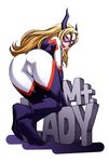  :d ass bent_over blonde_hair bodysuit boku_no_hero_academia boots character_name chiba_toshirou domino_mask drill_hair from_behind half-closed_eyes kneeling long_hair looking_back mask mount_lady naughty_face open_mouth pink_eyes smile solo thigh_boots thighhighs 