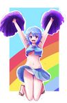  armpits arms_up breasts cheerleader commentary_request crop_top crop_top_overhang dorian flying_sweatdrops geta heterochromia highres jumping looking_at_viewer medium_breasts midriff navel no_bra open_mouth panties pantyshot pom_poms skirt skirt_lift smile solo sweat tatara_kogasa thigh_gap touhou underboob underwear white_panties 