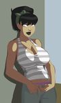  against_wall avatar:_the_last_airbender avatar_(series) black_hair black_lipstick blind breasts cleavage contemporary dark_skin grey_eyes hair_bun hairband large_breasts lips lipstick makeup morganagod older pants short_hair solo striped tank_top toph_bei_fong 