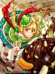  bad_id bad_pixiv_id banana banana_slice blonde_hair blurry blush character_request checkered checkered_floor clenched_teeth company_name cupcake depth_of_field dragon_tactics drill_hair food fork fruit heart ichinose777 long_hair official_art orange orange_slice perspective solo sprinkles star strawberry sweat tears teeth twin_drills 