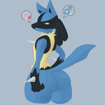  blue_fur blush butt canine fur hand_on_hip looking_away looking_back lucario male mammal nintendo pok&eacute;mon raised_tail red_eyes signirsol spikes video_games yellow_fur 