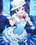  :d blue_hair blush brown_eyes card_(medium) earrings fingerless_gloves fur_trim gloves hat hat_ornament idolmaster idolmaster_(classic) idolmaster_million_live! jewelry kisaragi_chihaya long_hair looking_at_viewer microphone official_art open_mouth smile snowflake_earrings snowflakes solo white_gloves 