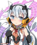  :&lt; anchor_symbol armor bangs bare_shoulders black_gloves blue_eyes blush breasts character_name checkered clenched_hands cosplay dated elbow_gloves eyebrows eyebrows_visible_through_hair fighting_stance flipped_hair frown gloves gradient headphones hibiki_(kantai_collection) high_collar highres kantai_collection kuro_chairo_no_neko long_hair looking_at_viewer namesake paw_print senki_zesshou_symphogear sidelocks silver_hair small_breasts solo tachibana_hibiki_(symphogear) tachibana_hibiki_(symphogear)_(cosplay) twitter_username unitard upper_body very_long_hair 