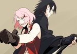  1girl back-to-back back_to_back black_gloves black_hair facial_mark fighting_stance fingerless_gloves forehead_mark gloves green_eyes hair_ornament hairclip haruno_sakura husband_and_wife naruto oba-min pink_hair short_hair sleeveless smile sword uchiha_sasuke 