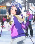  :d ahoge blue_hair card_(medium) from_behind gloves goggles goggles_on_head idolmaster idolmaster_(classic) idolmaster_million_live! looking_at_viewer looking_back maihama_ayumu miura_azusa multiple_girls official_art open_mouth short_hair skiing smile 