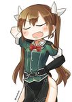  :d blush bow bowtie brown_hair closed_eyes cowboy_shot elbow_gloves fang gloves hair_ribbon hand_behind_head hand_on_hip kantai_collection nanatsuta open_mouth pelvic_curtain remodel_(kantai_collection) ribbon single_glove smile solo tone_(kantai_collection) twintails twitter_username v-shaped_eyebrows white_background white_ribbon 