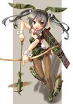  animal_ears arrow bow bow_(weapon) bowtie breasts brown_legwear bunny_ears bunny_tail bunnysuit camouflage cleavage detached_collar drawing_bow flight_deck full_body grey_hair hair_ribbon holding holding_arrow holding_bow_(weapon) holding_weapon jpeg_artifacts kantai_collection katahira_masashi long_hair open_mouth outstretched_arm pantyhose ribbon small_breasts smile solo tail twintails weapon wrist_cuffs zuikaku_(kantai_collection) 