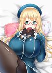  aqua_eyes atago_(kantai_collection) bespectacled blonde_hair breasts cat_pillow frilled_pillow frills glasses gloves hat huge_breasts kantai_collection long_hair looking_at_viewer lying omamori pantyhose pillow shibi solo 