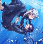  blue_hair bubble honebami_toushirou long_hair male_focus military military_uniform multiple_boys namazuo_toushirou ponytail silver_hair smile soso_(sosoming) touken_ranbu underwater uniform 