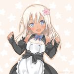  apron bare_shoulders black_dress blonde_hair blue_bow blue_eyes blue_neckwear blush bow bowtie cleavage_cutout cosplay detached_sleeves dream_c_club dream_c_club_(series) dream_c_club_uniform dress flower hair_flower hair_ornament kantai_collection long_hair looking_at_viewer lowres mizuki_makoto open_mouth ro-500_(kantai_collection) simple_background smile solo tan tanline white_apron 