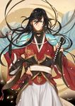  bad_id bad_pixiv_id black_hair blue_eyes fuu_kotora haori izumi-no-kami_kanesada japanese_clothes male_focus petals solo touken_ranbu 