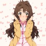  3: blush brown_eyes brown_hair idolmaster idolmaster_cinderella_girls long_hair looking_at_viewer lowres messy_hair mizuki_makoto pajamas shimamura_uzuki simple_background solo 