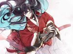  battoujutsu_stance black_hair blue_eyes fighting_stance haori itoda_(spica) izumi-no-kami_kanesada japanese_clothes male_focus ready_to_draw sheath sheathed solo touken_ranbu 