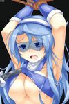  armpits arms_up bdsm blue_eyes blue_gloves blue_hair bondage bound bound_arms breasts cutting_clothes gloves goggles heart heart-shaped_pupils highres knife large_breasts long_hair no_bra open_mouth original psychopath_idiot strapless sweat symbol-shaped_pupils tubetop upper_body 