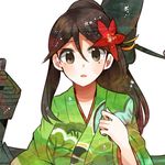  amagi_(kantai_collection) bangs blush breasts brown_eyes brown_hair eyebrows_visible_through_hair flower furisode hair_between_eyes hair_flower hair_ornament itomugi-kun japanese_clothes kantai_collection kimono long_hair looking_at_viewer medium_breasts mole mole_under_eye open_mouth parted_lips ponytail print_kimono simple_background solo upper_body white_background 