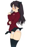  blush breasts brown_hair fate/stay_night fate_(series) frown hair_ribbon highres long_hair medium_breasts miniskirt panties ribbon shichimenchou skirt skirt_lift solo sweater thighhighs toosaka_rin two_side_up underwear 