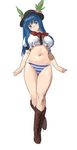  adapted_costume alternate_breast_size belly black_hat blue_hair breasts crop_top food fruit hat hinanawi_tenshi large_breasts long_hair looking_at_viewer meranie navel panties peach red_eyes solo stomach touhou underwear 