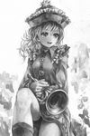  :d artist_name bad_id bad_pixiv_id boots dress feet_out_of_frame frilled_dress frills greyscale hat hat_ornament highres holding instrument knee_up leg_up looking_away merlin_prismriver monochrome nagayo open_mouth pose revision signature sitting smile solo touhou trumpet vest wavy_hair 