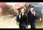  bag black_hair blush brown_eyes brown_hair calendar_(medium) cherry_blossoms dango eating food fukube_satoshi gakuran green_eyes holding_hands hyouka ibuki_hasu male_focus mitarashi_dango multiple_boys oreki_houtarou petals road sanshoku_dango scenery school_uniform skewer street tree wagashi yaoi 