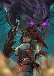  armor black_hair blue_eyes cete_(controllingtime) claws dragon gauntlets gore_magala greatsword holding holding_weapon horns looking_at_viewer looking_down monster_hunter monster_hunter_4 rathalos_(armor) sword tongue tongue_out weapon wings 