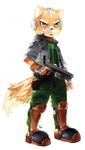  anthro black_nose boots brown_fur canine fingerless_gloves fox fox_mccloud fur gloves green_eyes gun hadesha handgun headset jacket male mammal nintendo open_mouth plain_background ranged_weapon scarf signature solo star_fox video_games weapon white_fur 