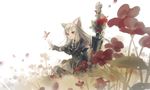  animal_ears bangs bell bell_collar blade_&amp;_soul bow bug butterfly cat_ears character_request collar dress flower gaha grey_hair insect jingle_bell long_hair outstretched_hand petals plant solo sword vines weapon yellow_eyes 