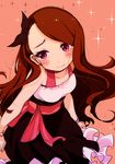  blush bow brown_hair collarbone dress earrings frilled_dress frills hair_bow highres idolmaster idolmaster_(classic) jewelry long_hair minase_iori pikomarie pink_eyes solo sparkle striped 