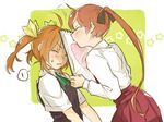  2girls ahoge akigumo_(kantai_collection) blush brown_hair closed_eyes hair_ribbon heart kagerou_(kantai_collection) kantai_collection kiss kuwabara_(medetaya) long_hair multiple_girls ponytail ribbon short_sleeves sketchbook speech_bubble spoken_exclamation_mark star twintails uniform very_long_hair yellow_ribbon yuri 