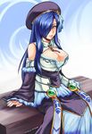  blue_hair breasts cleavage cleavage_cutout green_eyes hair_over_one_eye hat large_breasts long_hair looking_at_viewer nam_(valckiry) open_mouth original sitting solo 