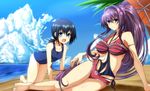  all_fours arm_support barefoot black_eyes black_hair breasts brown_hair casual_one-piece_swimsuit cloud day fubuki_(kantai_collection) g_(desukingu) kantai_collection kantai_collection_(anime) large_breasts long_hair lying multiple_girls on_side one-piece_swimsuit pink_eyes ponytail school_swimsuit swimsuit umbrella yamato_(kantai_collection) 