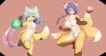  blue_hair breasts canine duo female flat_chested fox fur green_eyes hair kemono mammal orange_fur purple_hair unknown_artist 