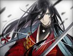  black_hair blue_eyes izumi-no-kami_kanesada japanese_clothes katana long_hair male_focus solo sword tekla touken_ranbu weapon 