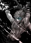  1boy arms_up blue_eyes clenched_teeth cloud_strife final_fantasy final_fantasy_vii gloves glowing glowing_eyes greyscale huge_sword huge_weapon male male_focus mali_(maru) monochrome muscle solo spot_color sword teeth weapon 