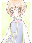  1boy androgynous blonde_hair blush bow brown eyes freckles hunter_x_hunter kurapika 