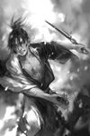  blade_of_the_immortal greyscale japanese_clothes jitte katana kimono male_focus manji monochrome scar solo sword weapon yanyi 