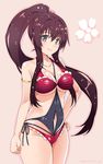  blush breasts brown_eyes brown_hair cherry_blossoms flower hair_flower hair_ornament hand_on_hip kantai_collection kantai_collection_(anime) large_breasts long_hair looking_at_viewer mizuki_makoto navel_cutout ponytail smile solo swimsuit very_long_hair yamato_(kantai_collection) 