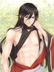  alha black_hair blue_eyes highres izumi-no-kami_kanesada japanese_clothes long_hair male_focus shirt_lift solo sweat touken_ranbu 