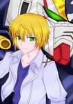  bad_id bad_pixiv_id bangs blonde_hair crossbone_gundam_x-1_full_cloth green_eyes gundam gundam_build_fighters gundam_build_fighters_try hair_between_eyes highres jacket light_smile long_sleeves looking_at_viewer lucas_nemesis male_focus mecha open_clothes open_jacket shikong shirt smile upper_body 