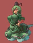  breasts chanta_(ayatakaoisii) dress ghost_tail green_dress green_eyes green_hair hat highres japanese_clothes large_breasts looking_at_viewer multiple_tails short_hair simple_background soga_no_tojiko solo tail tate_eboshi touhou 