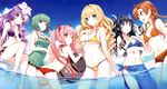  amber_(makai_ni_shoukan_yobarete_kateikyoushi) ametist_(makai_ni_shoukan_yobarete_kateikyoushi) ass barefoot barrel bikini bikini_shorts bikini_skirt black_hair blonde_hair blue_bikini blue_eyes breasts carnelian_(makai_ni_shoukan_yobarete_kateikyoushi) casual_one-piece_swimsuit cleavage curly_hair dimples_of_venus emerald_(makai_ni_shoukan_yobarete_kateikyoushi) fisheye flat_chest flower glasses green_eyes green_swimsuit groin hair_flower hair_intakes hair_ornament hand_on_own_chest highres large_breasts leaning_forward long_hair looking_at_viewer looking_back makai_ni_shoukan_yobarete_kateikyoushi multiple_girls nardack navel one-piece_swimsuit open_mouth orange_bikini orange_hair partially_submerged pink_hair pointing purple_bikini purple_eyes purple_hair red_bikini ruby_(makai_ni_shoukan_yobarete_kateikyoushi) saphir_(makai_ni_shoukan_yobarete_kateikyoushi) sarong scan short_hair shorts sitting smile soaking_feet string_bikini swimsuit thigh_strap twintails two_side_up wading water yellow_bikini yellow_eyes 