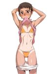  arms_up bikini bikini_under_clothes black_hair blush character_request covered_nipples cowboy_shot ez6 flat_chest hair_ornament hairclip jpeg_artifacts mouth_hold navel one-piece_tan shirt_lift short_hair shorts shorts_pull solo swimsuit swimsuit_under_clothes tan tanline tomboy 