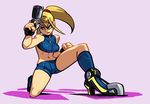  1girl alex_ahad alternate_costume bike_shorts blonde_hair blue_eyes boots breasts clenched_hand crop_top gun handgun lips long_hair metroid midriff mole navel one_knee ponytail samus_aran serious solo super_smash_bros. weapon 