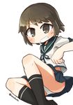  blush brown_eyes brown_hair grin kantai_collection miyuki_(kantai_collection) nanatsuta neck_ribbon panties pantyshot ribbon sailor_collar school_uniform serafuku short_hair smile solo twitter_username underwear white_background white_panties 