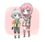  1boy 1girl :d blue_eyes boots final_fantasy final_fantasy_xiii frown genbu96 gloves green_eyes grey_hair hope_estheim lightning_farron long_hair looking_at_viewer open_mouth pink_hair skirt smile standing 