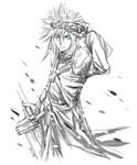  1boy blue_eyes cloud_strife final_fantasy final_fantasy_vii final_fantasy_vii_advent_children frown gloves goggles goggles_on_head krst00 looking_at_viewer male male_focus monochrome signature solo spot_color sword weapon 